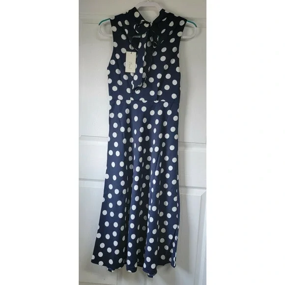 Most Of All Coralie Satin Sleeveless Midi Dress Navy Blue White Polka Dot Size 4 - Picture 6 of 10